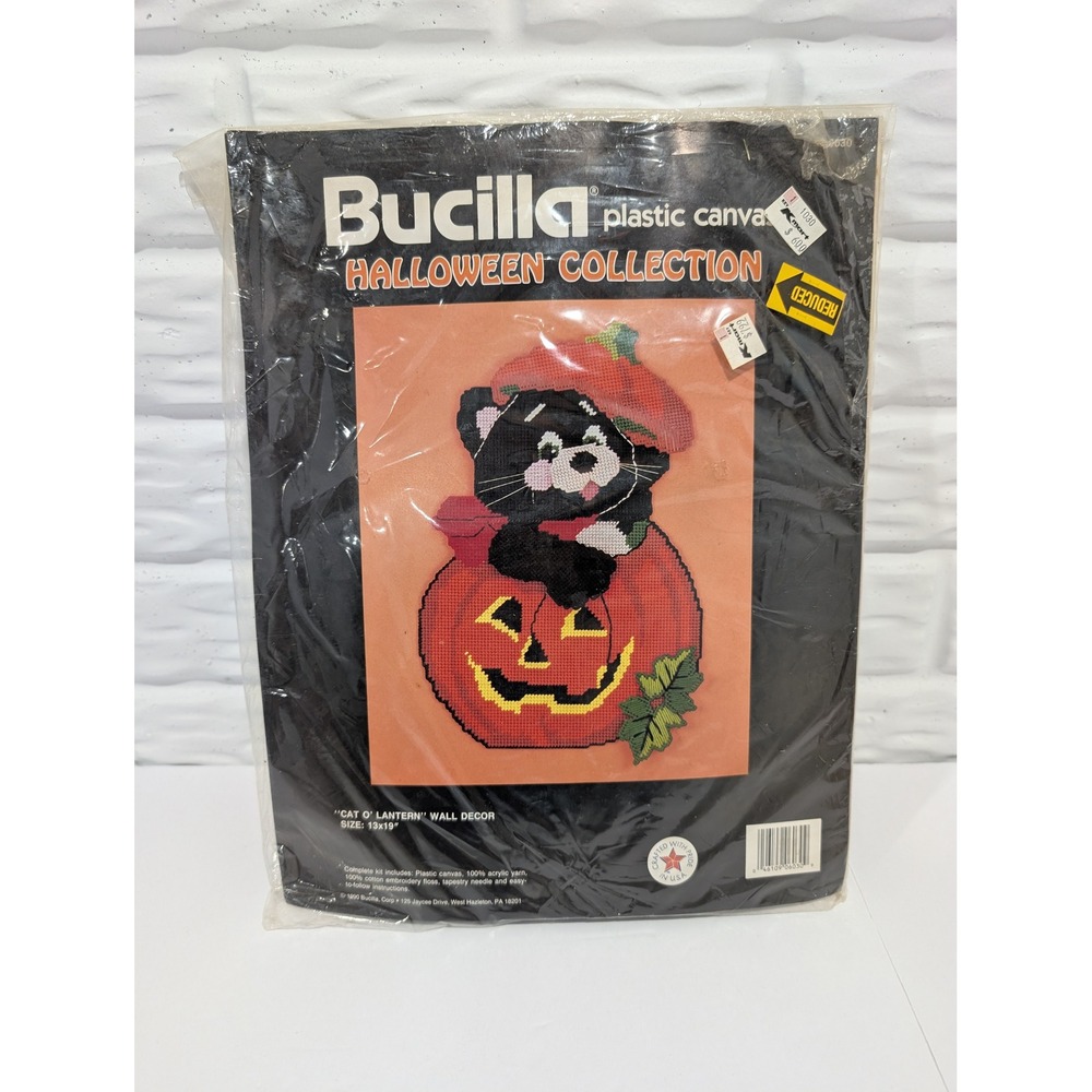 Vintage 1990 Bucilla Halloween Cat O Lantern Plastic Canvas Kit Wall Decor 6030